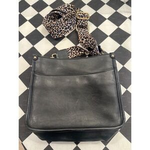 Chic Black Crossbody Bag with Leopard Print Guitar Strap Gold Hardware purse